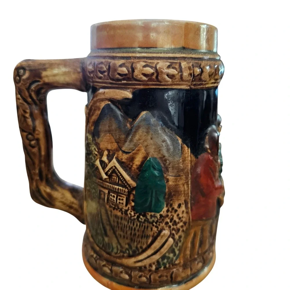 Vintage Ceramic Beer Stein Japan Tavern Scene Relief Alpine Mountain‎ Mug Brown